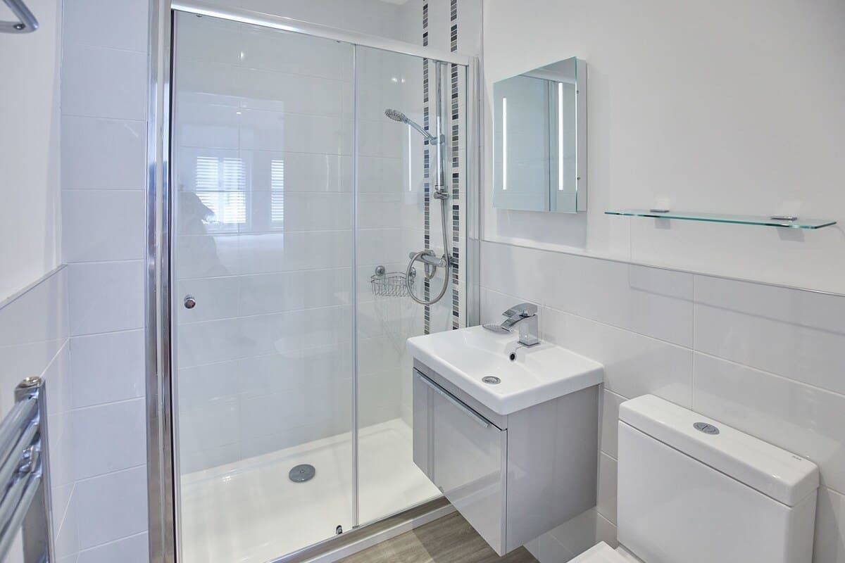A modern bathroom with a glass shower enclosure, a white sink, and a toilet.