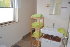 Shower, hair dryer, towels, soap