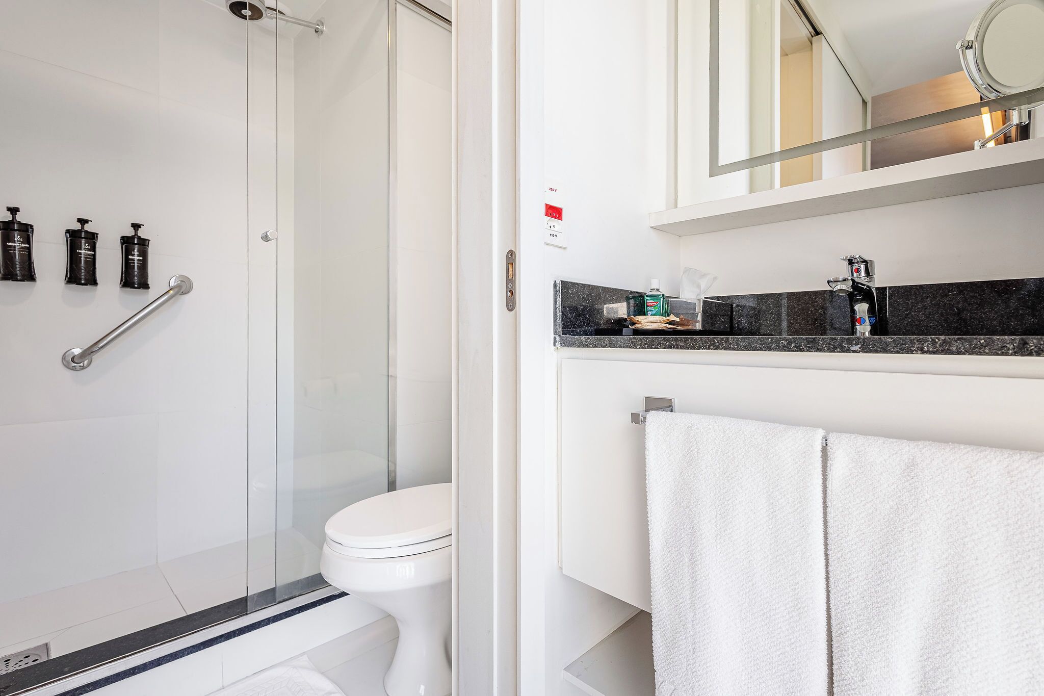 A modern bathroom with a glass shower enclosure, a white toilet, and a vanity with a mirror and towel rack.