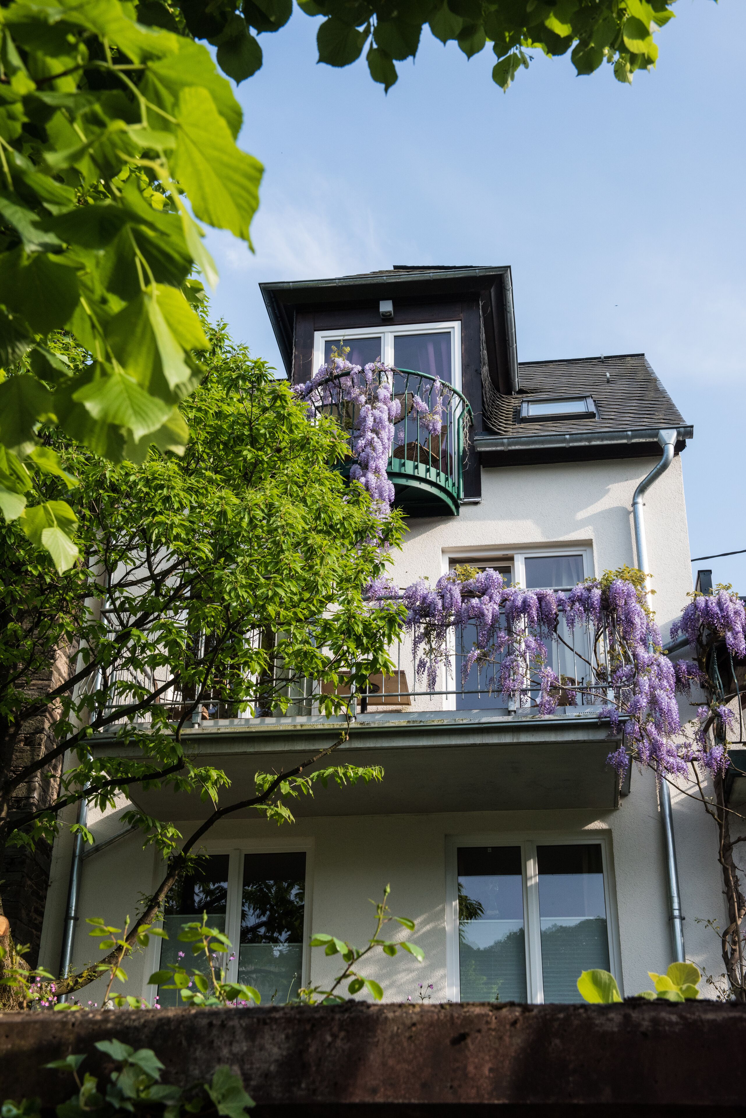 A two-story house with a balcony covered in purple flowers, surrounded by greenery.