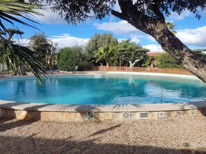 A swimming pool with a tiled edge, surrounded by trees and a wooden fence. - Villa Carlos, Primera Linea DE MAR CON Piscina Y Jardin (Vinaròs)