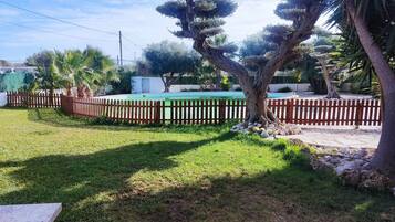A fenced backyard with a tree, grass, and a pool.