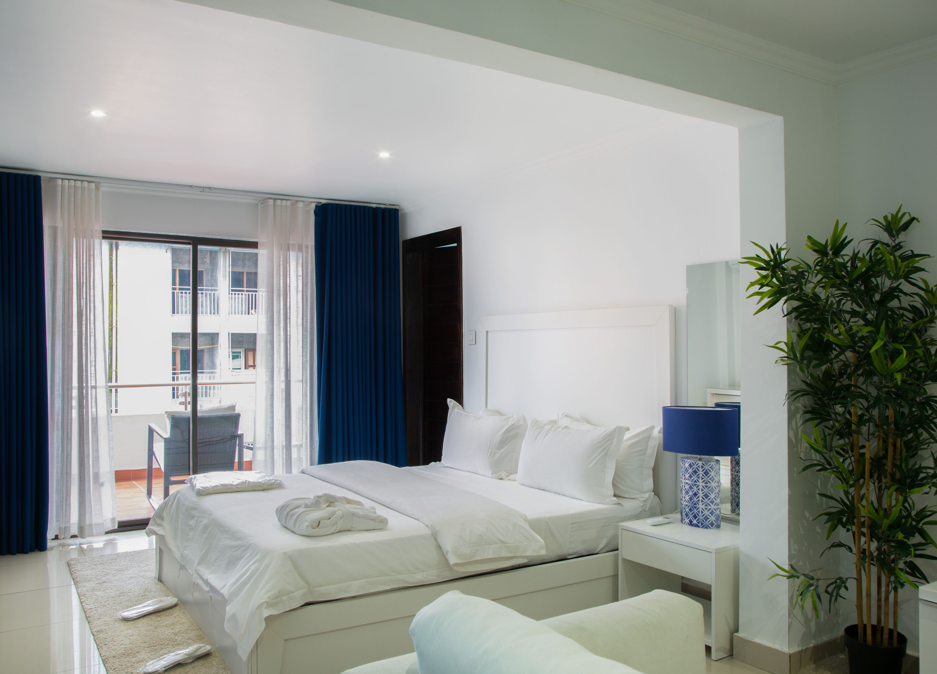 Habitación de hotel moderna con una cama grande, una mesita de noche, un espejo y una planta en maceta.