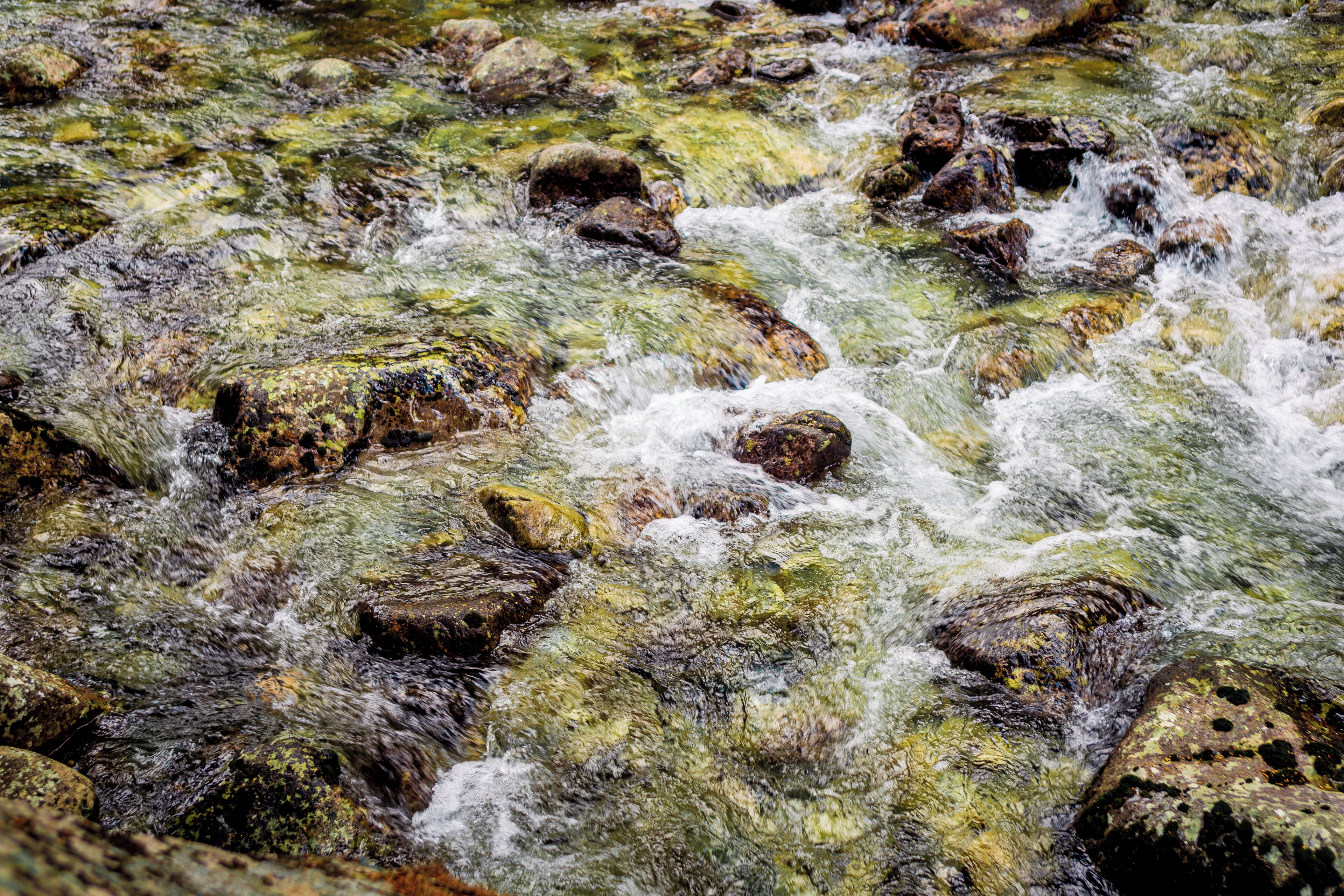 A stream with clear water flowing over rocks.