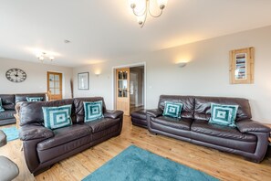 A modern living room with two leather sofas, a blue rug, and a wooden floor.