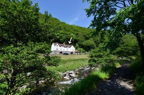 A white house with a red roof, surrounded by lush greenery and a stream.
