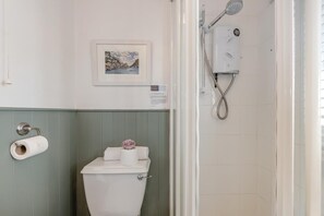 A bathroom with a toilet, a framed picture, and a shower.