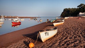 A beach with several boats moored on the sand, a lighthouse in the distance, and a building with trees in the background. - 4 Bed in Shaldon (oc-driftc) (Shaldon)