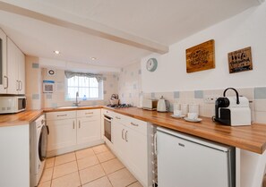 Fridge, microwave, oven, cookware/dishes/utensils