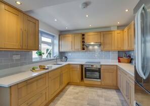 Fridge, microwave, oven, high chair