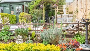Un jardin avec différentes espèces de plantes et une structure en bois.