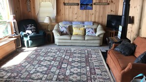 Un salón acogedor con un sofá color beige, un tapete estampado y un televisor.