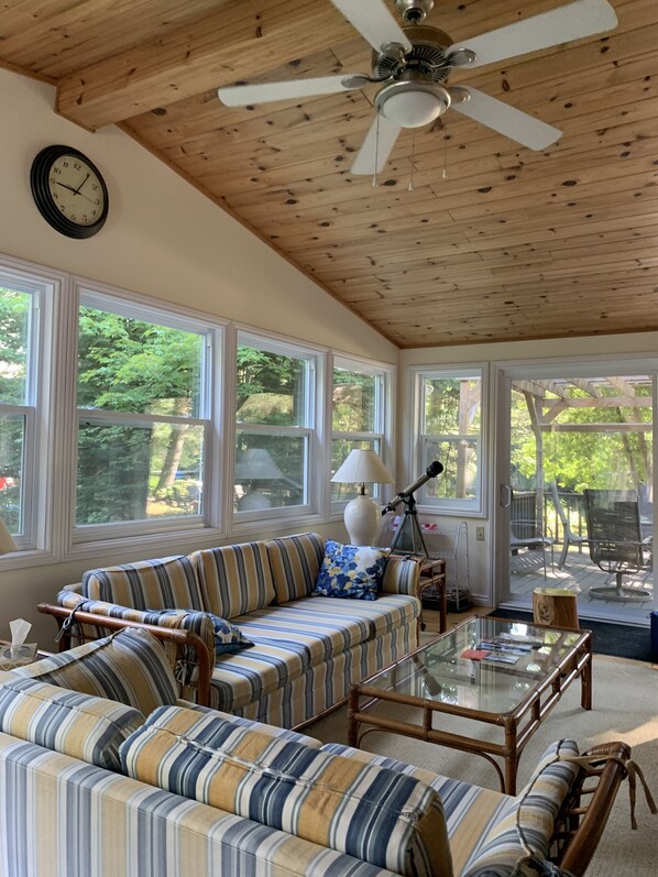 Smart TV, fireplace, books, stereo