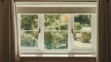 Una ventana con vista a un jardín.