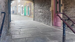 A stone corridor with a pink door and a metal handrail. - Merchants Town House - Catherine Hill (Frome)