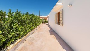 Un sendero de concreto estrecho bordeado por una vegetación verde exuberante y un edificio blanco con una ventana y una lámpara en la pared.