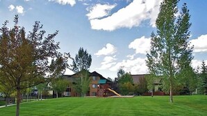 A grassy area with trees and a building with a slide in the background.