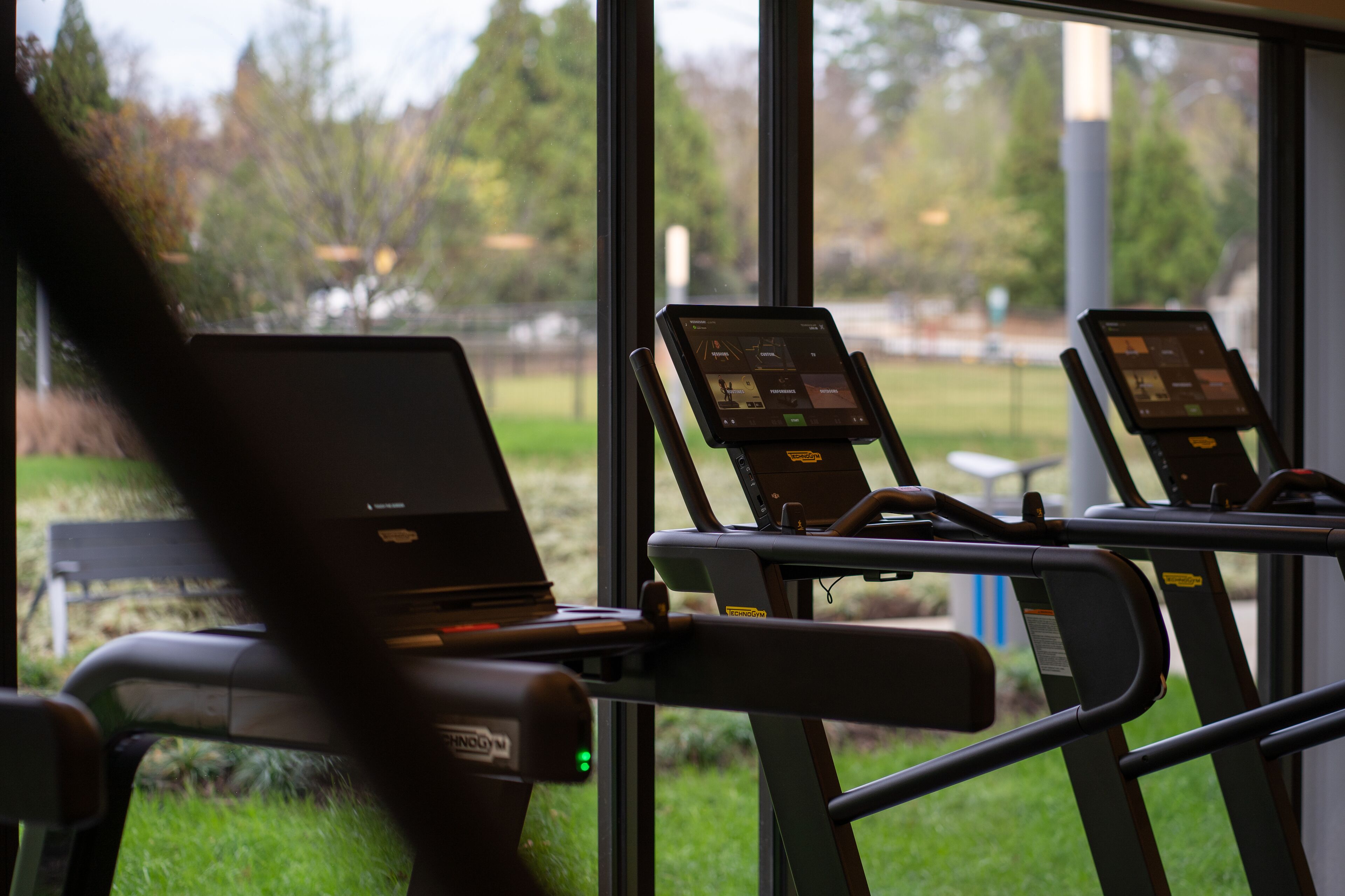 A gym with exercise equipment and a view of a park through large windows.