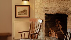 Una habitación acogedora con una chimenea de piedra, un cuadro en la pared y un radiador.