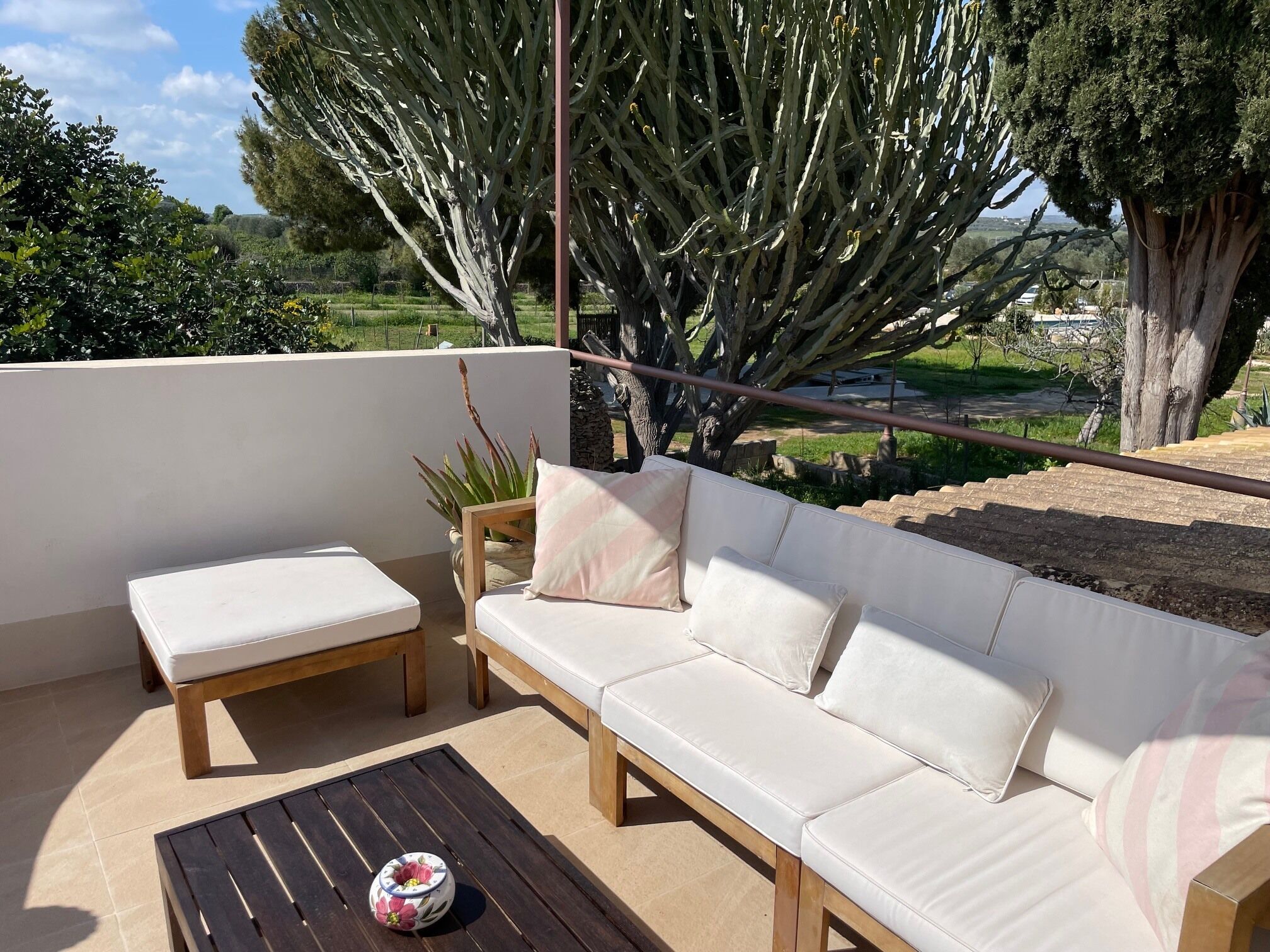 A balcony with a white sofa, a wooden table, and a potted plant.