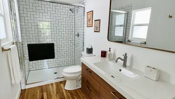 Combined shower/bathtub, hair dryer, towels, soap