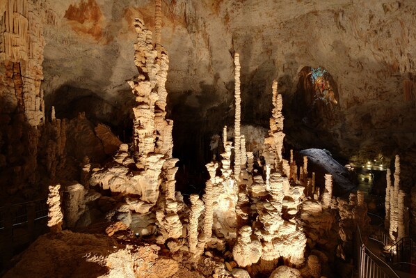 A cave with stalactites and stalagmites, a metal railing, and a staircase. - 3-star stone house, quiet and surrounded by nature, Southern Ardèche – Orgnac l'Aven (Orgnac-l'Aven)