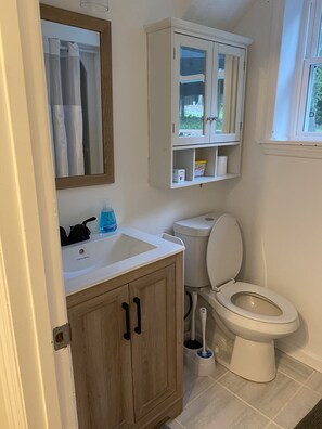 Combined shower/bathtub, towels