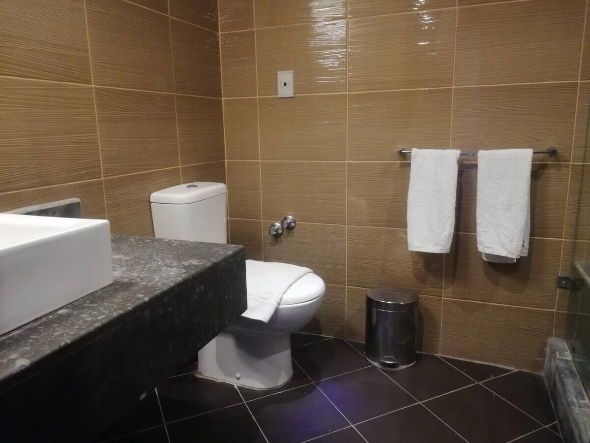 A bathroom with a toilet, a sink, a trash bin, and two towels hanging on a rack.