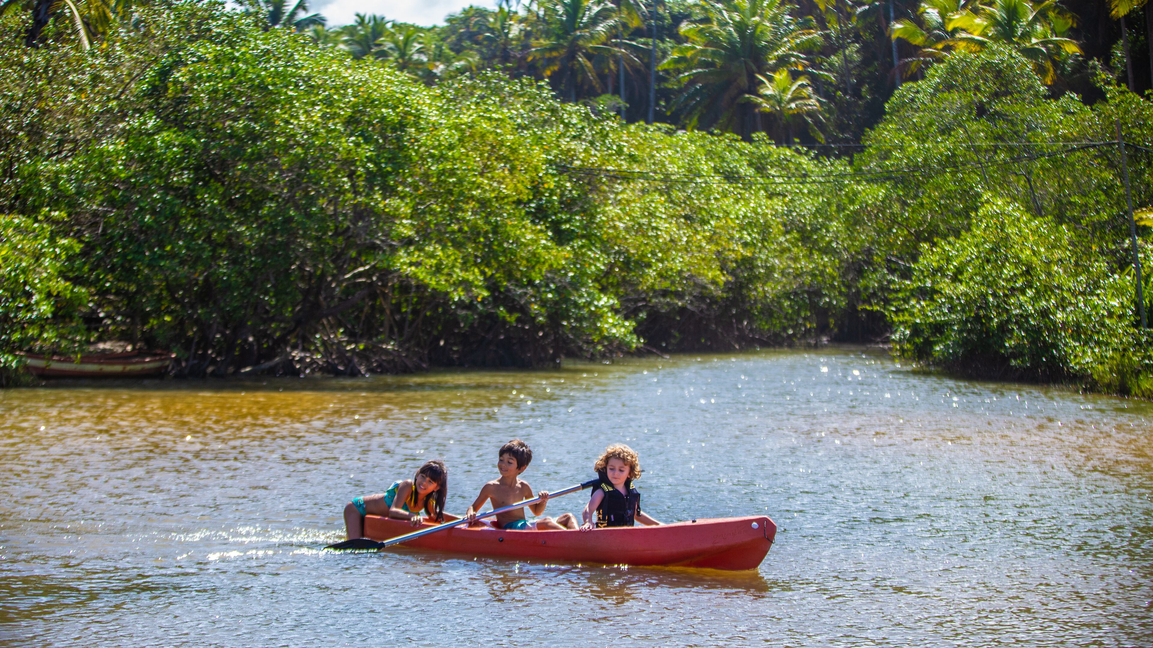 Three people in a red canoe on a calm river surrounded by dense mangrove trees.