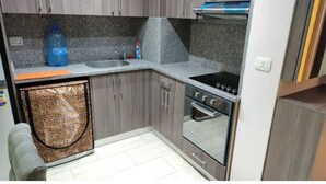 A compact kitchen with a granite countertop, a built-in oven, and a dishwasher.