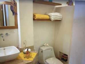 Douche, sèche-cheveux, serviettes fournies, papier toilette