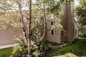 Standalone house with a prominent chimney and attached garage, set amidst a well-manicured lawn and lush trees.