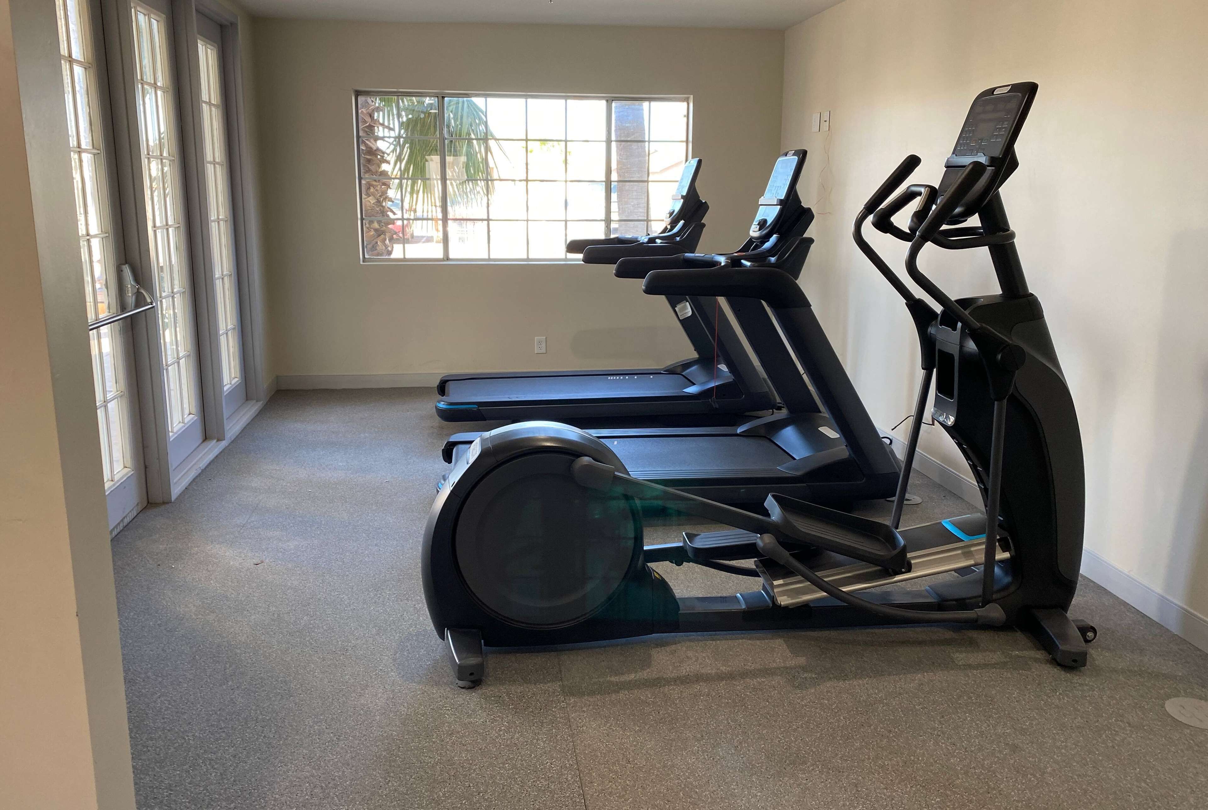 A gym with treadmills and a stationary bike, large windows, and a tiled floor.
