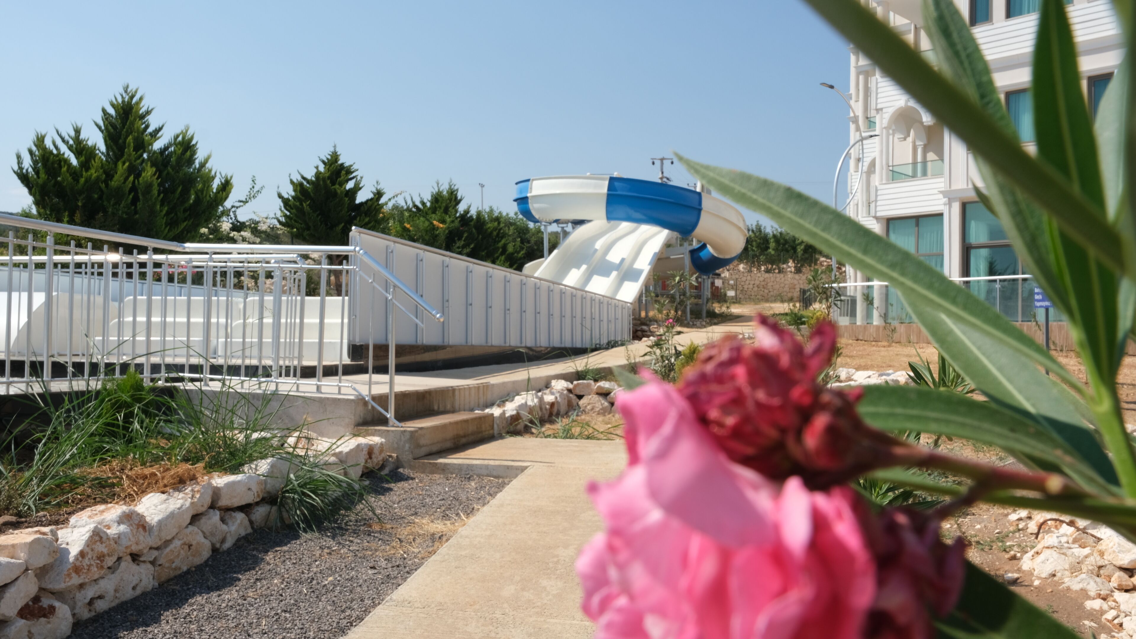 Un camino de hormigón que lleva a una embarcación blanca y azul, rodeada de vegetación y un edificio con grandes ventanales.