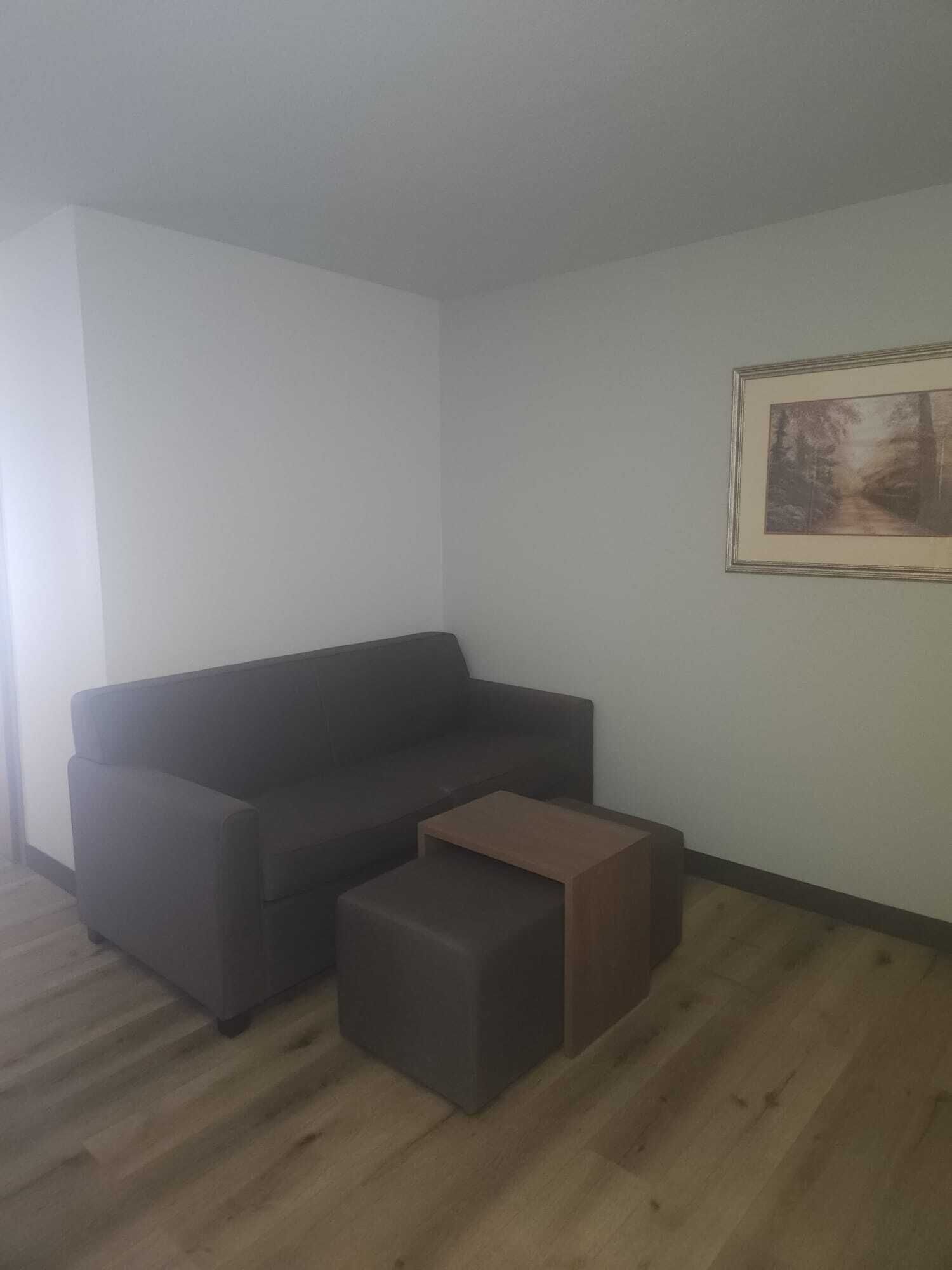 A room with a dark grey sofa, a small wooden side table, and a framed picture on the wall.
