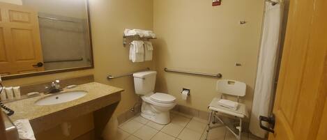 A bathroom with a sink, toilet, and a wheelchair-accessible chair.