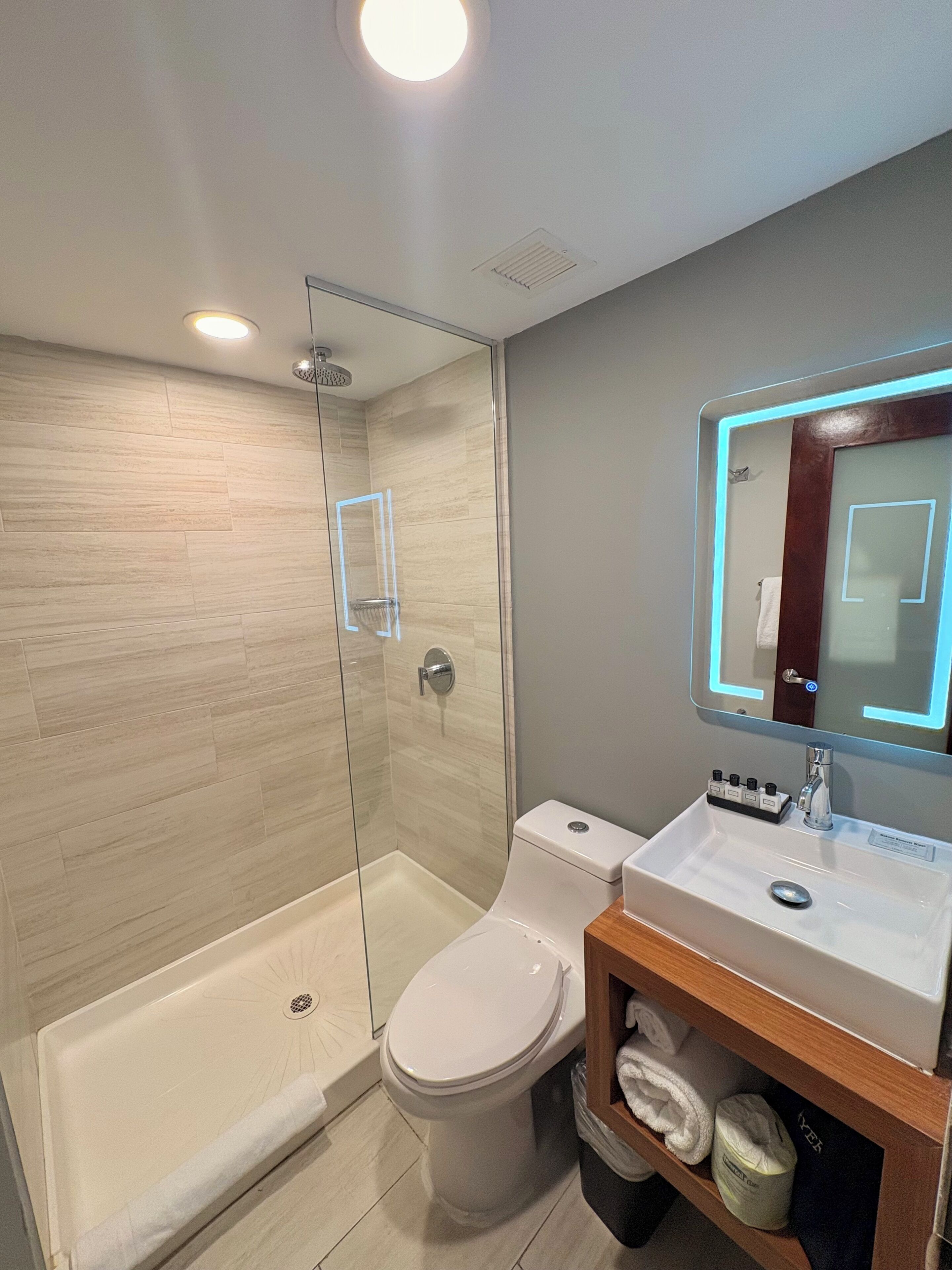 A modern bathroom with a glass-enclosed shower, a white toilet, and a vanity with a mirror.