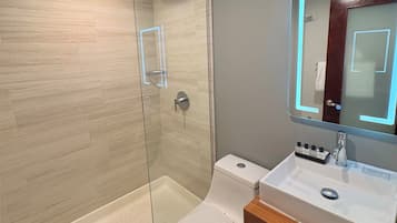 A modern bathroom with a glass-enclosed shower, a white toilet, and a vanity with a mirror.