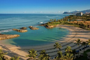 On the beach, sun loungers, beach towels