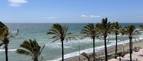 Ranta lähistöllä, aurinkotuoleja, rantapyyhkeitä