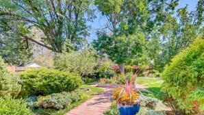 A garden with a paved pathway, various shrubs, and a large blue pot with flowers. - Well-Appointed Family Summer Home - King Bed - Close to DEN & Anschutz (Aurora)