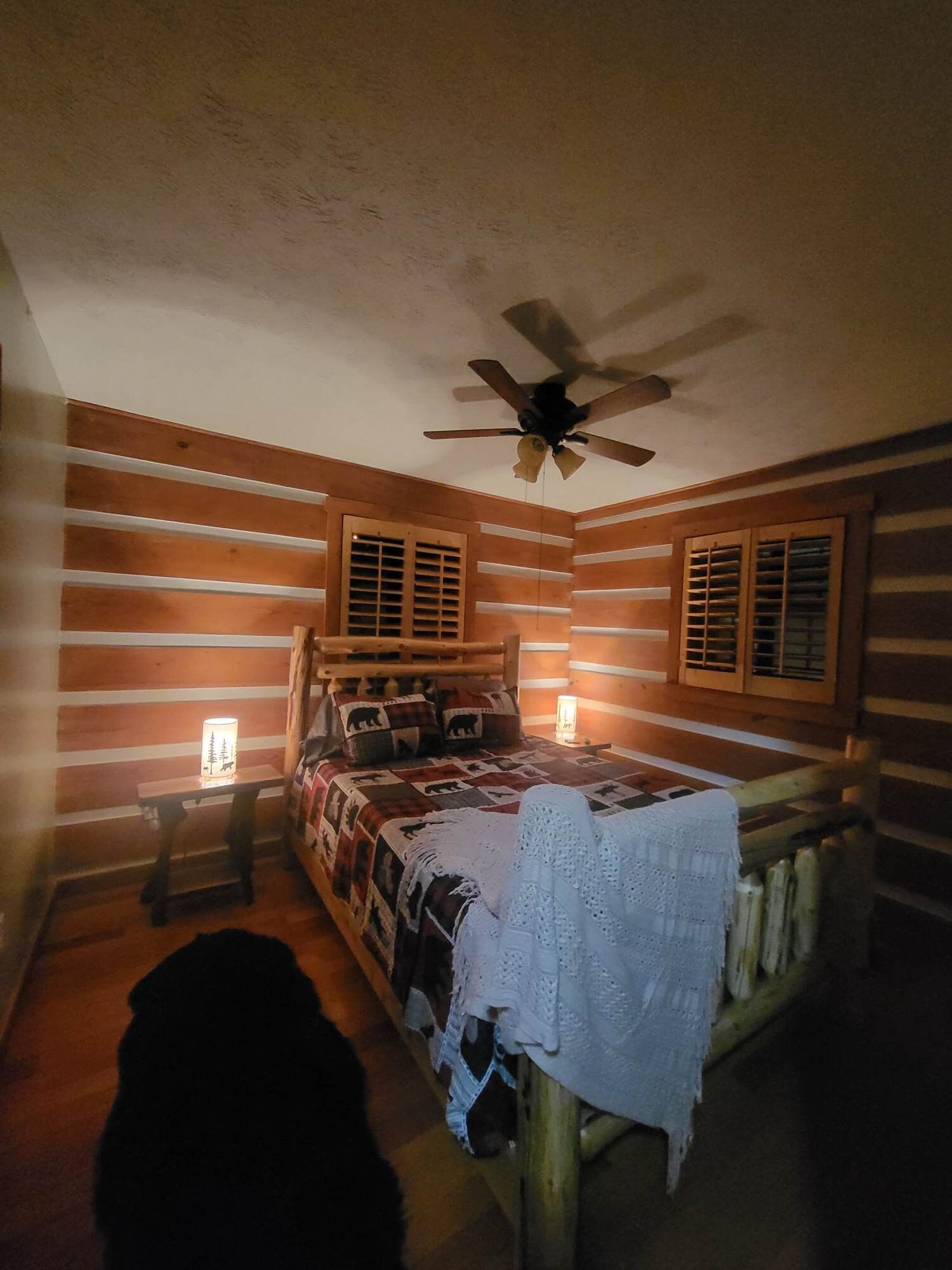 A cozy room with a wooden bed, two bedside lamps, a ceiling fan, and a dog sleeping on the floor.