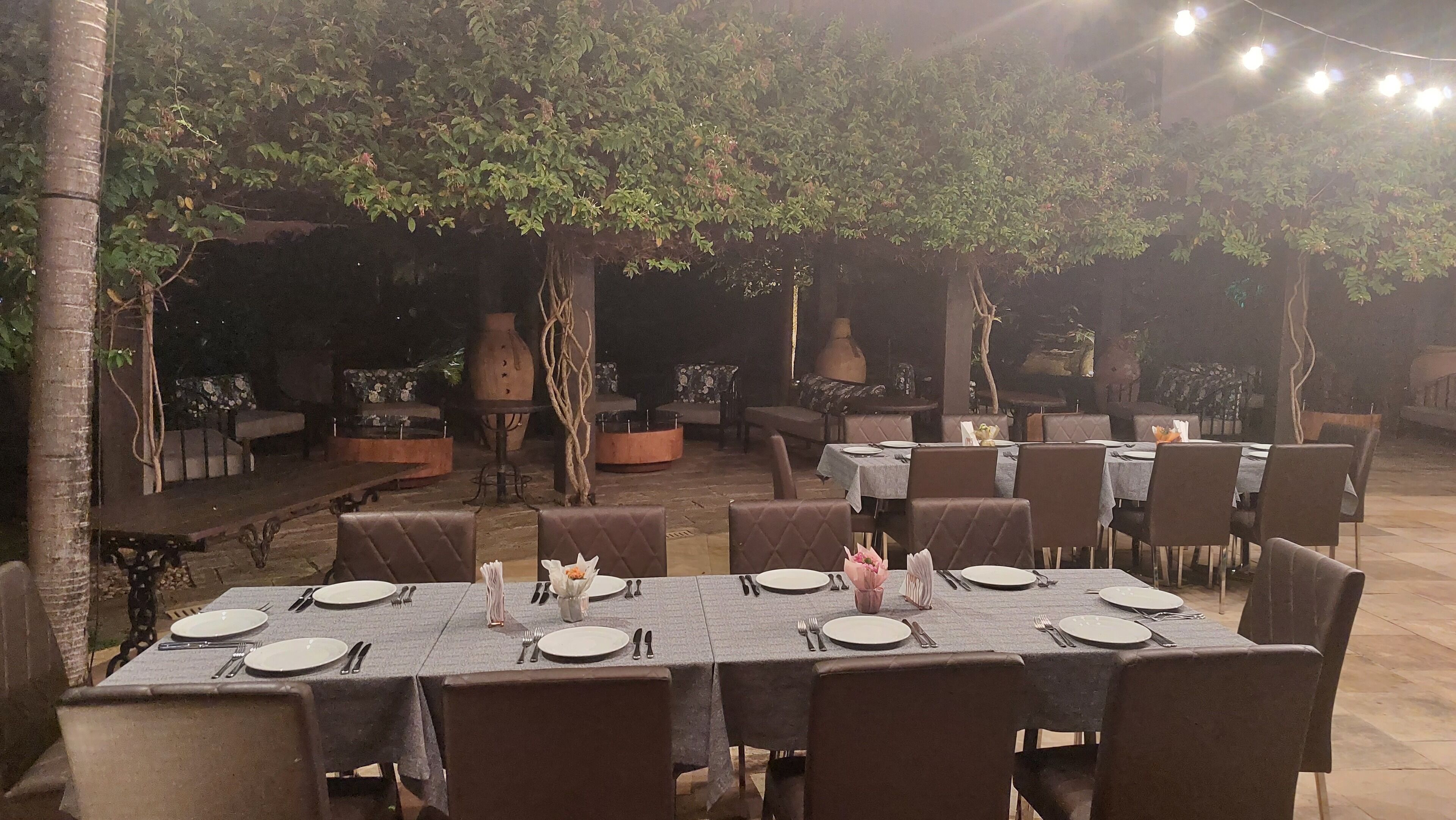 An outdoor dining area with tables set for a meal, surrounded by trees and a stone floor.