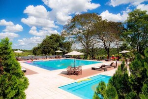 Una piscina al aire libre, sombrillas, sillones reclinables de piscina