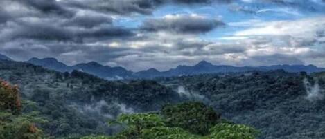 A mountainous landscape with dense vegetation and a cloudy sky.