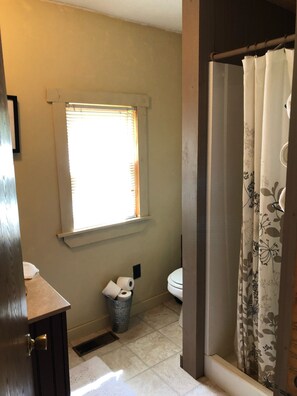 Shower, hair dryer, towels, toilet paper