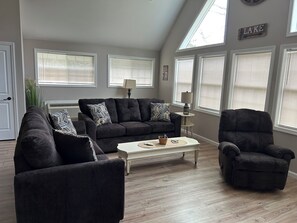 Smart TV, fireplace, books