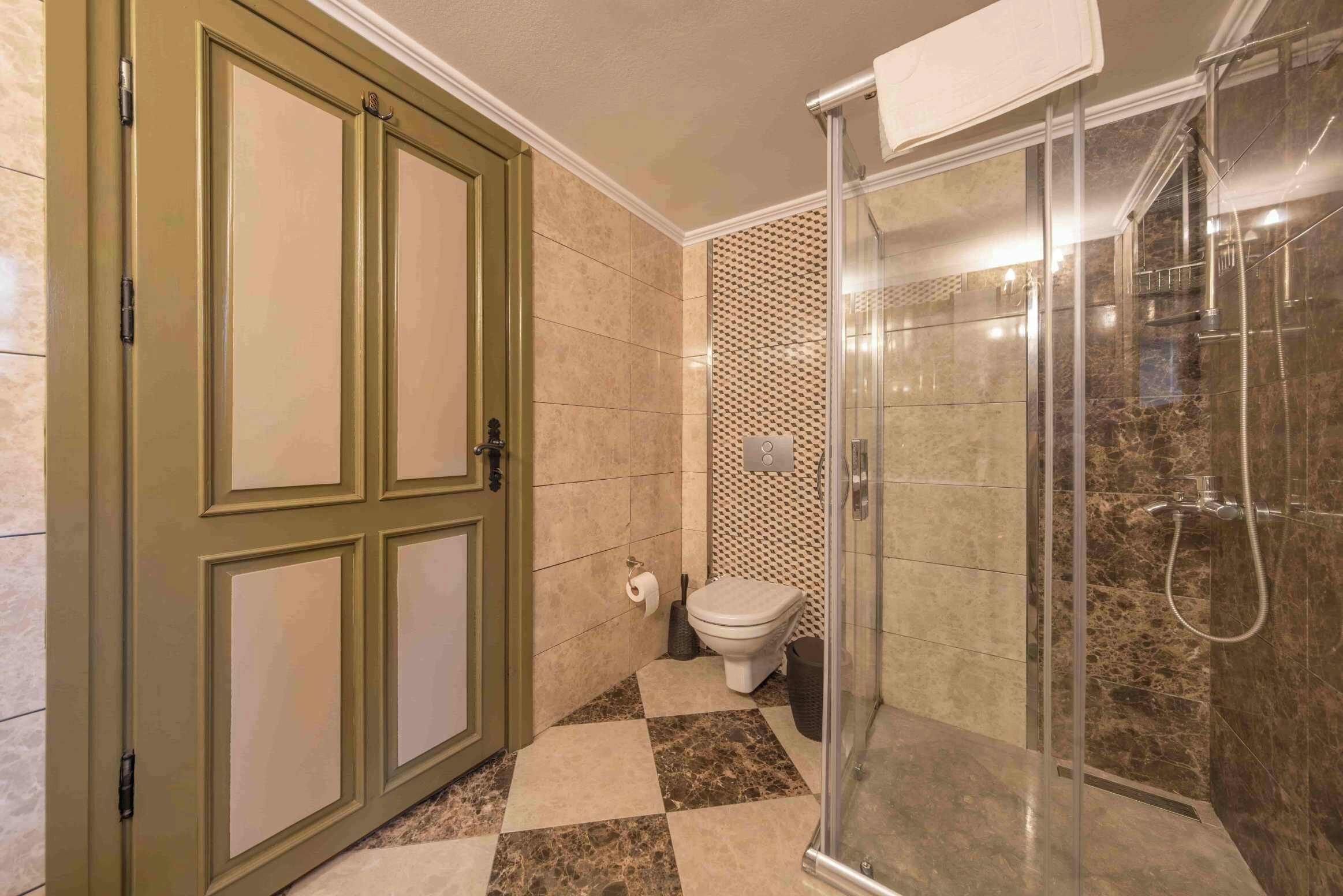 A bathroom with a shower, toilet, and a door with a panel design.