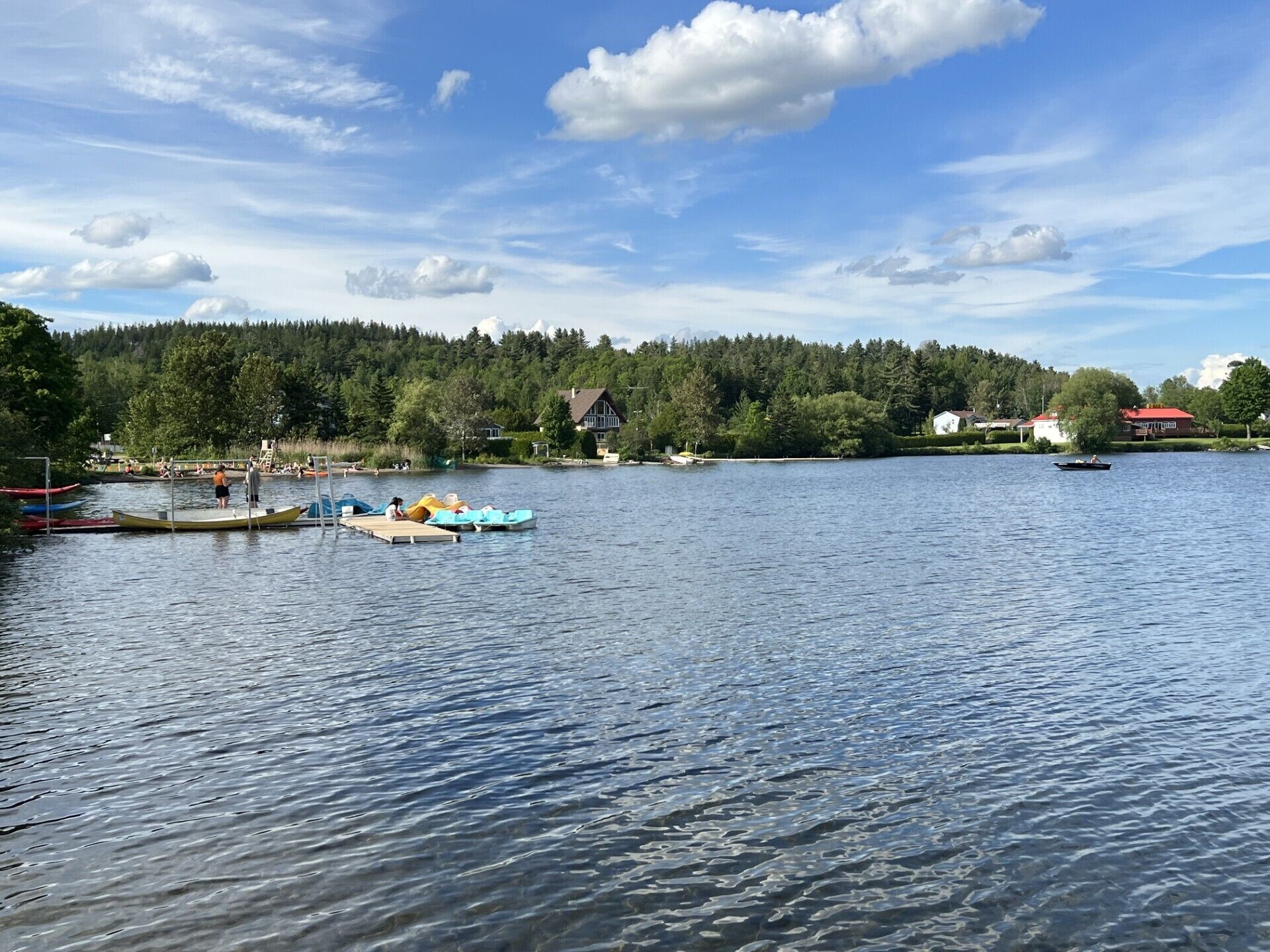 A lake with boats, a dock, and houses in the background.