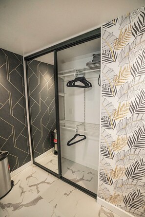 Shower, towels, soap, shampoo